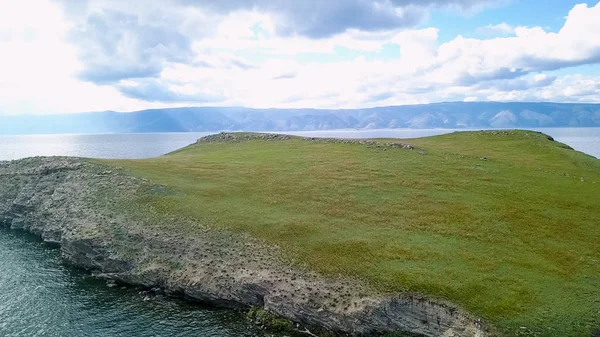 Vuelo Sobre Tierra Agua Rusia Baikal Bay Small Sea Island — Foto de Stock