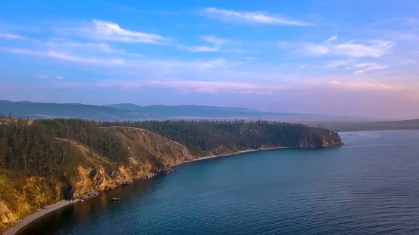 Oroszország Lake Baikal Olkhon Island Naplemente Kis Tengeri Öbölre Drone — Stock Fotó