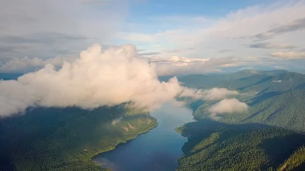 Teletskoye 湖全景 爬上云端 俄罗斯 阿尔泰 被森林覆盖的山脉 来自无人机 — 图库照片