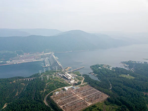 Krasnojarsk Vattenkraftverk Vid Floden Jenisej Ryssland Från Dron Flygfotografering — Stockfoto