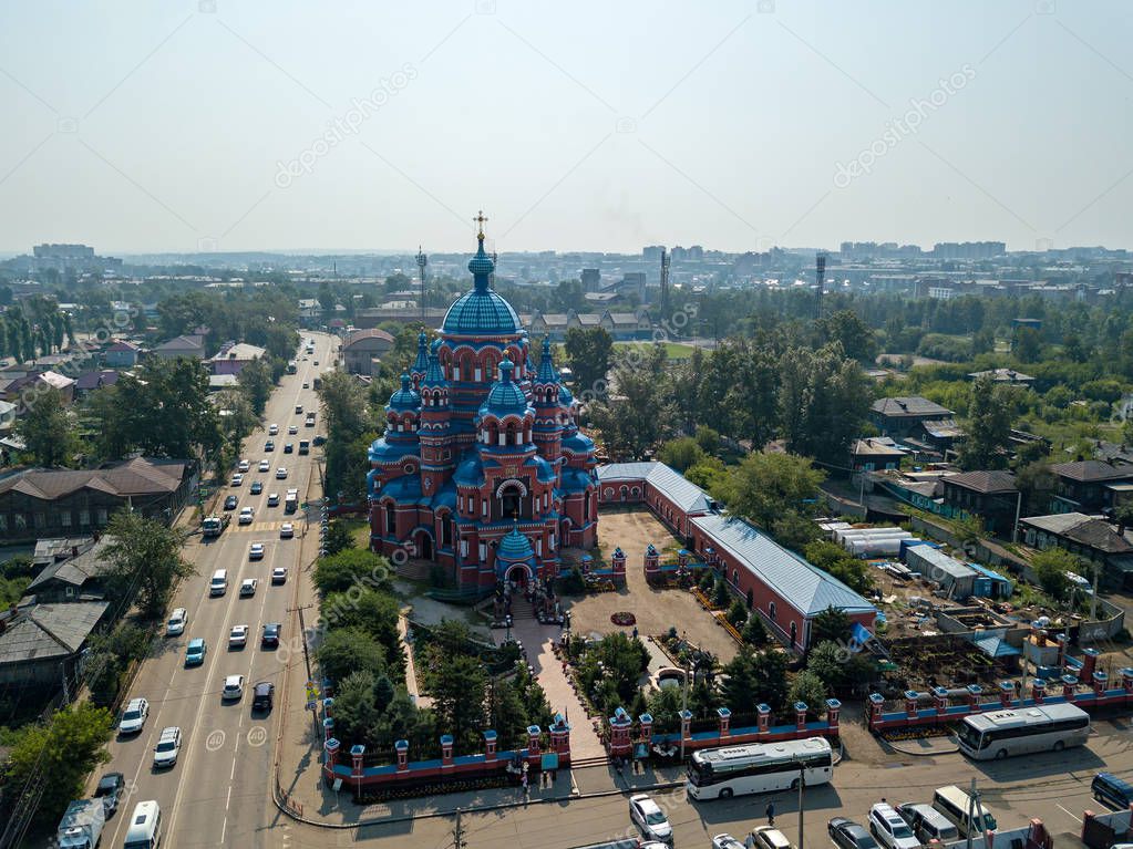 Russia, Irkutsk. The Church of the Icon of the Mother of God of Kazan in the Handicraft Quarter. Aerial photo