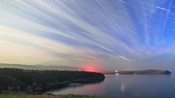 Rusia Lago Baikal Isla Olkhon Nubes Estrellas Una Noche Luna — Vídeo de stock