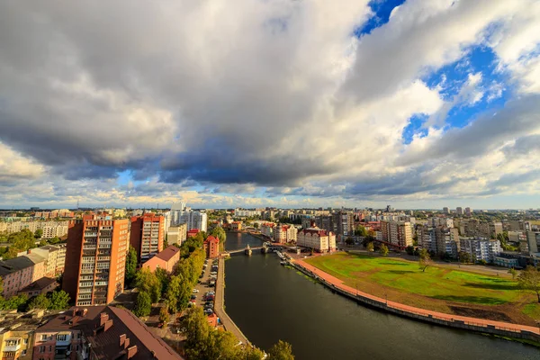 Cloudy Weather Kaliningrad River Pregolya Embankment Fish Village Jubilee Bridge — Stock Photo, Image