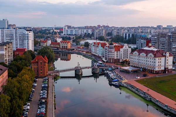 Morning Kaliningrad River Pregolya Embankment Fish Village Jubilee Bridge Russia — Stock Photo, Image