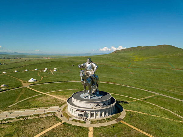 Equestrian statue of Genghis Khan in sunny weather. Mongolia, Ulaanbaatar. Aerial photography