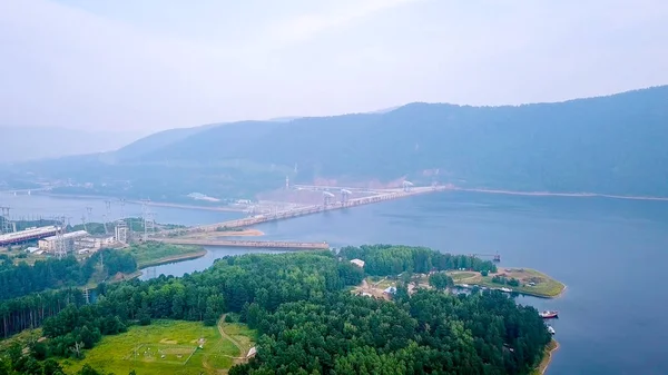 Krasnojarsk Vodní Elektrárna Řece Jenisej Rusko Dron — Stock fotografie