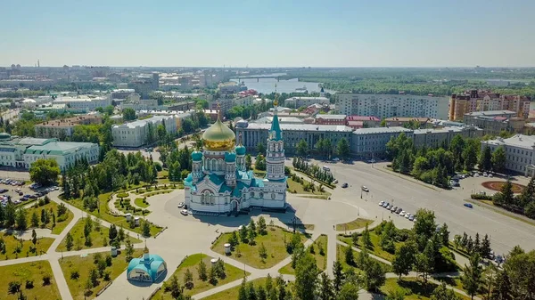 The Cathedral of the Assumption of the Blessed Virgin Mary, panoramic views of the city. Omsk, Russia, From Dron