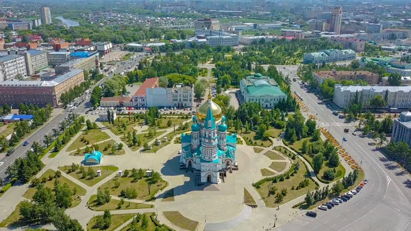 Katedrála Nanebevzetí Panny Marie Panoramatický Výhled Město Omsk Rusko Dron — Stock fotografie