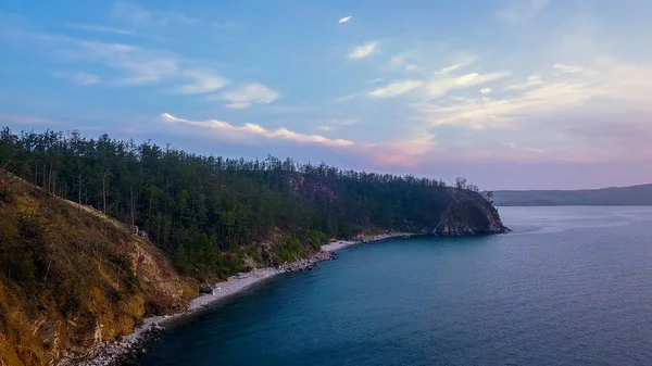 Oroszország Lake Baikal Olkhon Island Naplemente Kis Tengeri Öbölre Drone — Stock Fotó