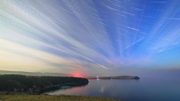Ryssland Bajkalsjön Olkhon Island Moln Och Stjärnor Månljus Natt Över — Stockvideo