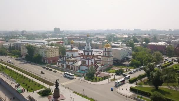 Rusko Irkutsk Katedrála Epiphany Nábřeží Řeky Angara Památník Zakladatelů Irkutska — Stock video
