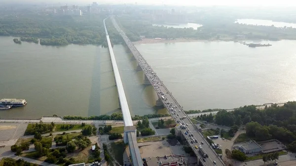 Metro Bridge and Communal Bridge. Panorama of the city of Novosibirsk. View on the river Ob. Russia, From Dron — Stock Image Metro Bridge Communal Bridge Panorama City Novosibirsk View River Russia Royalty Free Stock Images