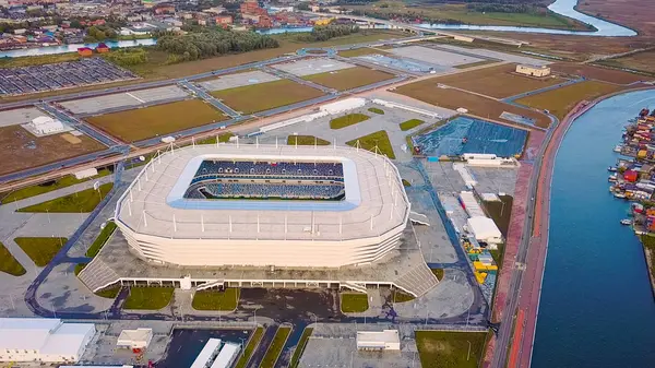Russland Kaliningrad September 2018 Luftaufnahme Bei Sonnenuntergang Stadion Kaliningrad Fußballstadion — Stockfoto