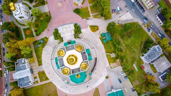 Russia, Kaliningrad. Victory Square and the Cathedral of Christ the Savior, From Drone, HEAD OVER SHOT