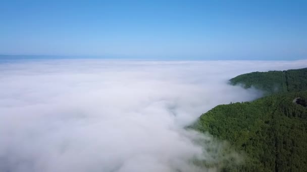 Flyger Ovanför Molnen Baikals Kust Berg Täckta Med Skog Ryssland — Stockvideo