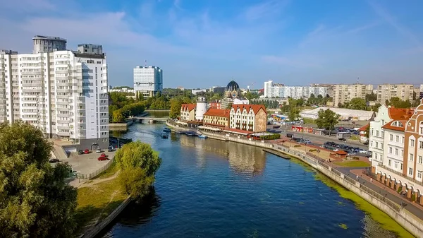 Luftaufnahme Des Stadtzentrums Von Kaliningrad Leuchtturm Fischdorf Honigbrücke Russland — Stockfoto