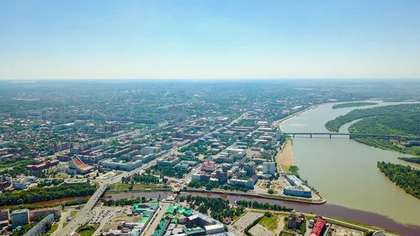 The merger of the Irtysh and Om rivers, panoramic views of the city. Omsk, Russia, From Dron — Stock Photo, Image