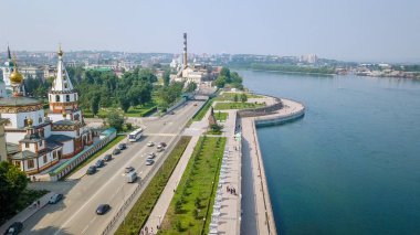 Russia, Irkutsk. Embankment of the Angara River, Monument to the Founders of Irkutsk. The text on the Russian - Irkutsk, From Dron  clipart