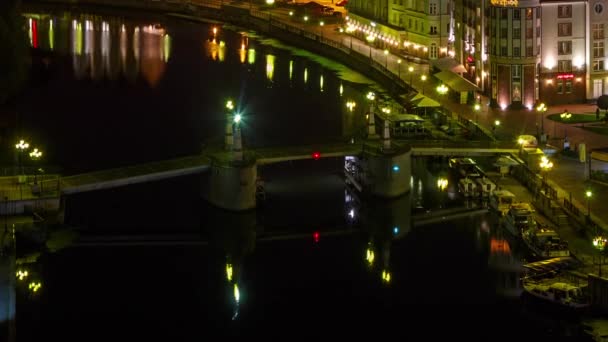 从黑夜到白天的漫长过渡 加里宁格勒市中心 鱼村和银禧桥的景色 时间流逝 — 图库视频影像