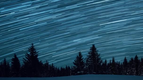 Sternenhimmel Hintergrund Der Tannen Mondaufgang Spuren Form Von Linien Hinterlassen — Stockvideo