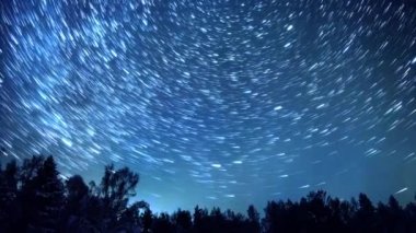 Starry gökyüzü kutup yıldızı etrafında döner. İzleri solma hatları şeklinde bırakın. Kış, Rusya. Video. UltraHD (4k)