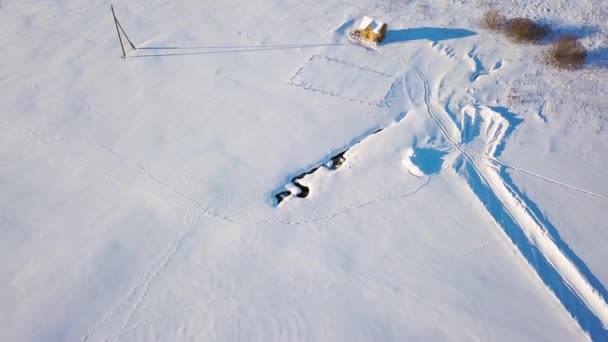 Champ Enneigé Avec Une Tache Dégelée Ruisseau Des Traces Animaux — Video