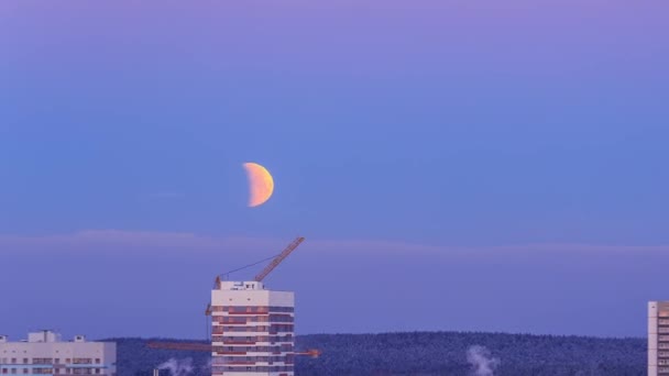 エカテリンブルク ロシア 月21日 2019 月の日食と月の夕日 新しい建物やクレーンの眺め — ストック動画