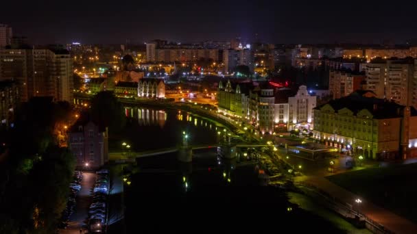 从晚上到白天的漫长过渡 加里宁格勒市中心 鱼村和银禧桥的景色 时间流逝 超高清 — 图库视频影像