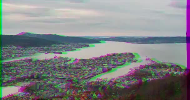 Glitch Effect Sunset Fjord Bergen Norway Time Lapse Video Ultrahd — Stock Video