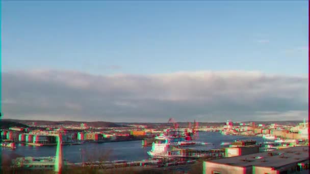 Efeito Falha Carregar Descarregar Ferry Pôr Sol Gotemburgo Suécia Time — Vídeo de Stock