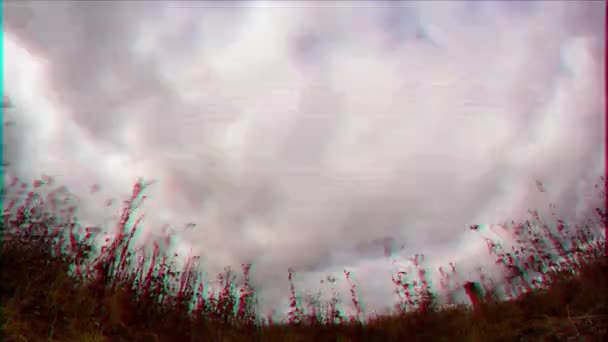 Glitch Effect Clouds Dry Grass Fish Eye Lens Time Lapse — Stock Video
