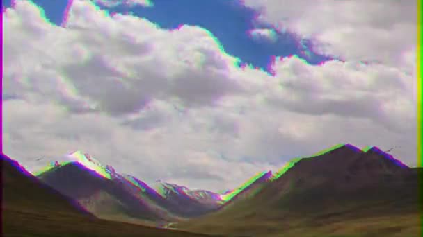 Glitch Effect Clouds Mountains Kyrgyzstan Central Tien Shan River Valley — Stock Video