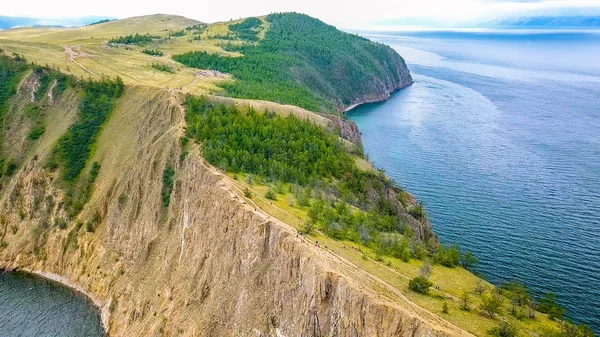 Mys Khoboy (Cape Khoboy). Russia, Lake Baikal, Olkhon Island. The northernmost point of the island of Olkhon, From Drone — Stock Photo, Image