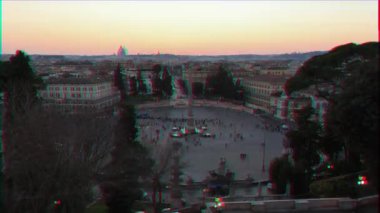 Aksaklık etkisi. Piazza del Popolo. Gün batımında. Zaman atlamalı. Roma, İtalya. Video. UltraHD (4k)
