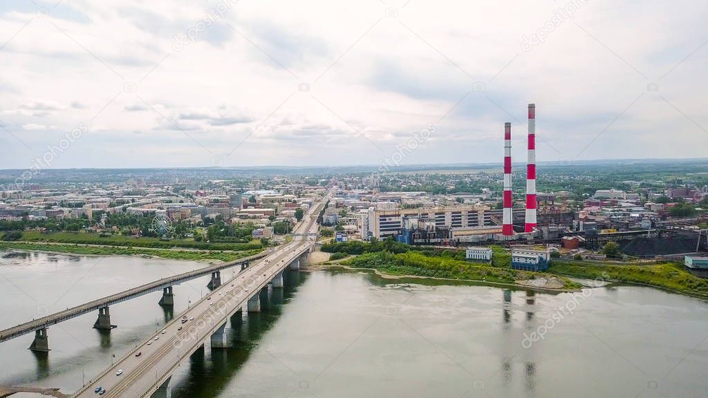 Kuznetsk bridge over the river Tom. Panoramic view of the city of Kemerovo. Russia, From Drone
