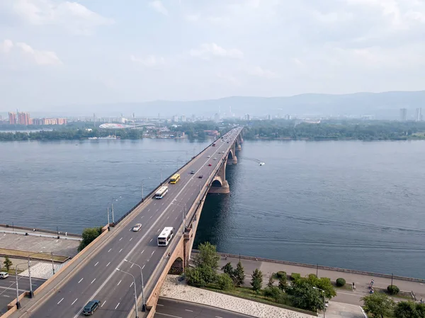 Russia, Krasnoyarsk. Aerial view of the Communal Bridge over the — Stock Photo, Image
