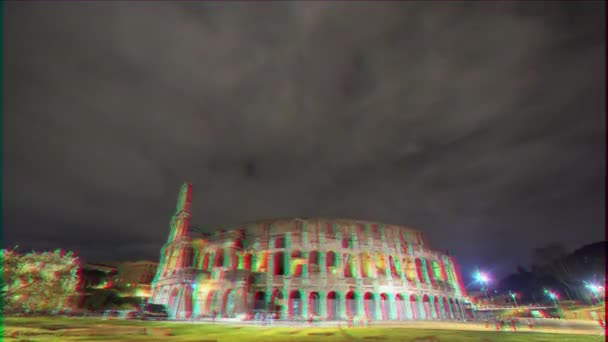 Glitch Effect Nacht Colosseum Rome Italië Tijdsverloop Video Ultrahd — Stockvideo