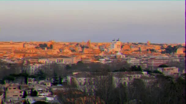 Glitch Effect Panorama Van Rome Bij Zonsondergang Uitzicht Vanaf Passeggiata — Stockvideo