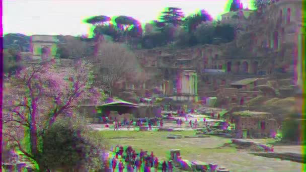 Glitch Effect Romeins Forum Ruïnes Rome Italië Video Ultrahd — Stockvideo