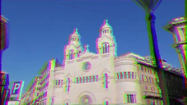 ローマ イタリア 月18日 2015 Valdese 広場カヴールの福音派教会 教会は12世紀にピーター ワルドによって設立され その後何世紀も後に生まれました グリッチ効果 — ストック動画
