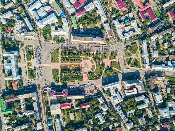 Russia, Irkutsk - July 26, 2018: City Center. Area graph Spiransky, Kalininsky and Tikhvin squares. View from above. Aerial photo. Hend over shot