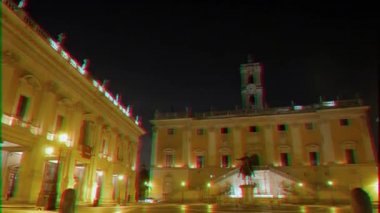 Aksaklık etkisi. Capitol Meydanı 'nda gece manzarası. Roma, Italya. 4k