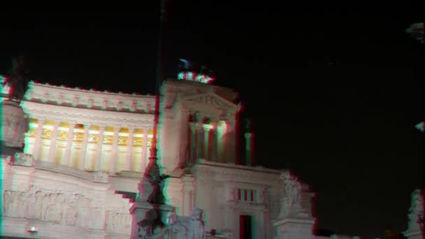 Glitch effect. Monumento een Vittorio Emanuele II (Vittoriano). Nacht. Rome, Italië. 4k — Stockvideo