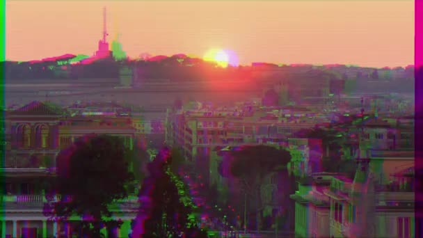 Glitch effect. Zonsondergang over Rome. Tijdsverloop. Italië — Stockvideo
