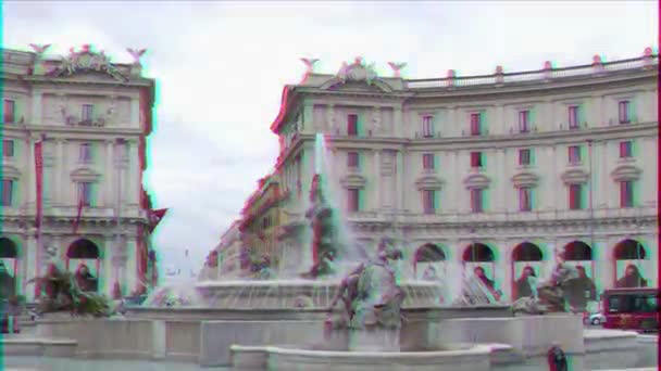 Эффект глюка. Фонтан на Площади Республики. Рим, Италия. 4K — стоковое видео