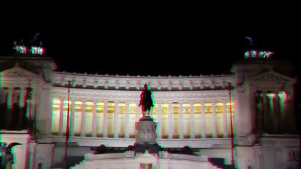 Aksaklık etkisi. Vittorio Emanuele II (Vittoriano). Gece. Zoom. Roma, Italya. 4k — Stok video