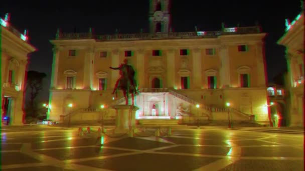 Glitch effect. Piazza del Campidoglio. Nacht. Rome, Italië. 4k — Stockvideo