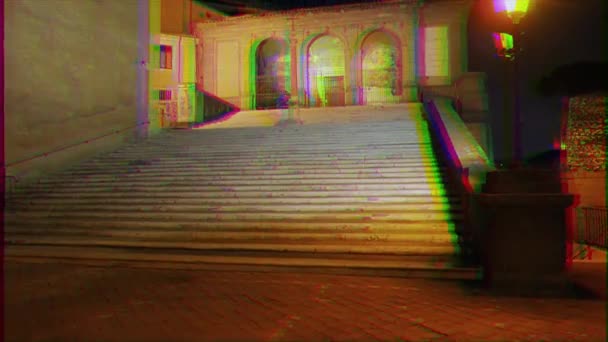 Glitch effect. Het Kruis op de trap. Nacht. Rome, Italië. 4k — Stockvideo