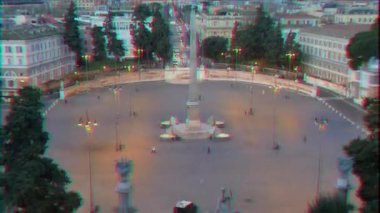 Aksaklık etkisi. Piazza del Popolo. Zoom. Dawn. Roma, Italya. Video. UltraHD (4k)