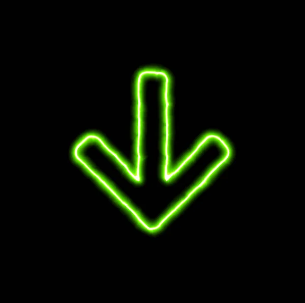 Zöld neon szimbólum nyíl lefelé — Stock Fotó
